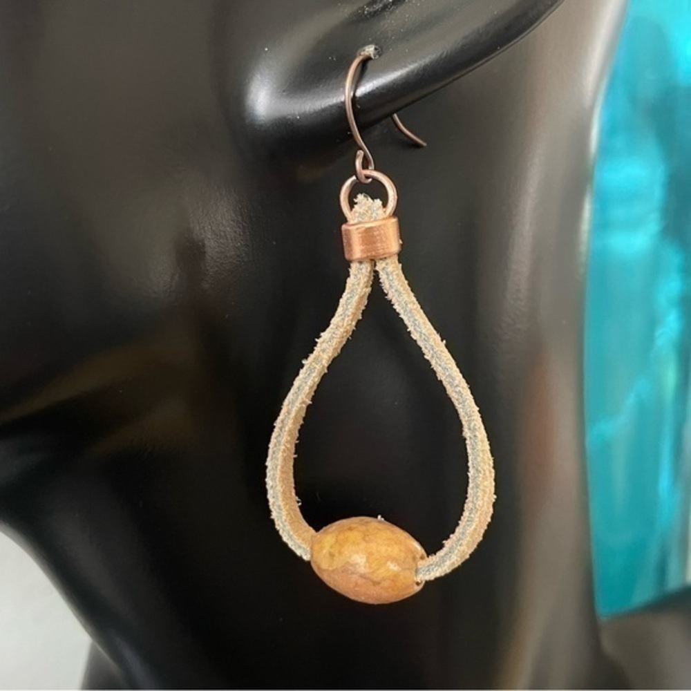 2/$29 Handmade Leather Soapstone Teardrop Hoop Earrings 2.25” Brown Tan